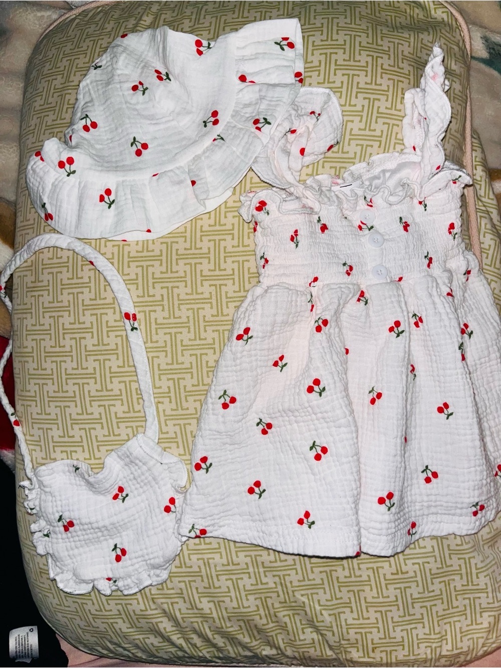 White Cherry-Print Girls' Sundress, Hat & Bag Set 12-18m